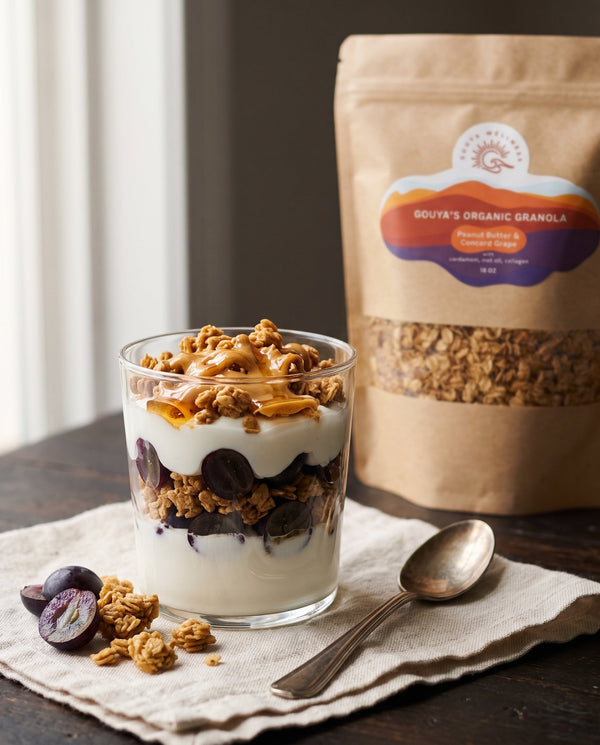 PB&J granola parfait layered with yogurt, grapes and peanut butter drizzle