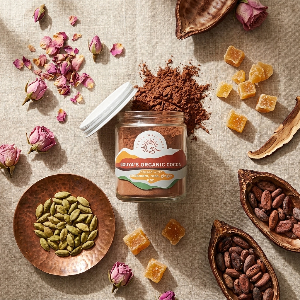 Gouya cocoa jar surrounded by cocoa powder, rose buds, crystallized ginger, cardamom pods and cacao pods
