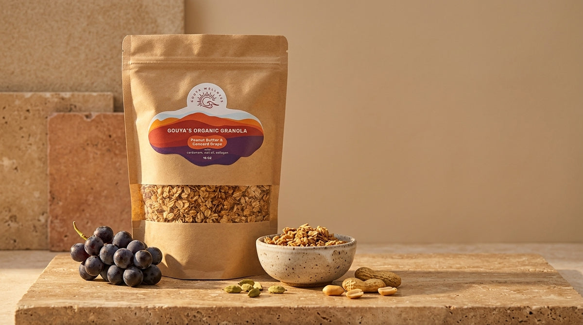 Gouya granola bag with grapes and a bowl of granola on a wooden board