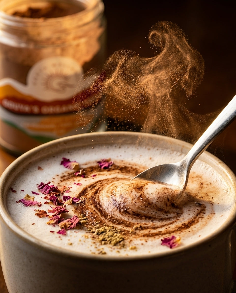 Spoon stirring a frothy cup of Gouya cocoa topped with dried rose petals