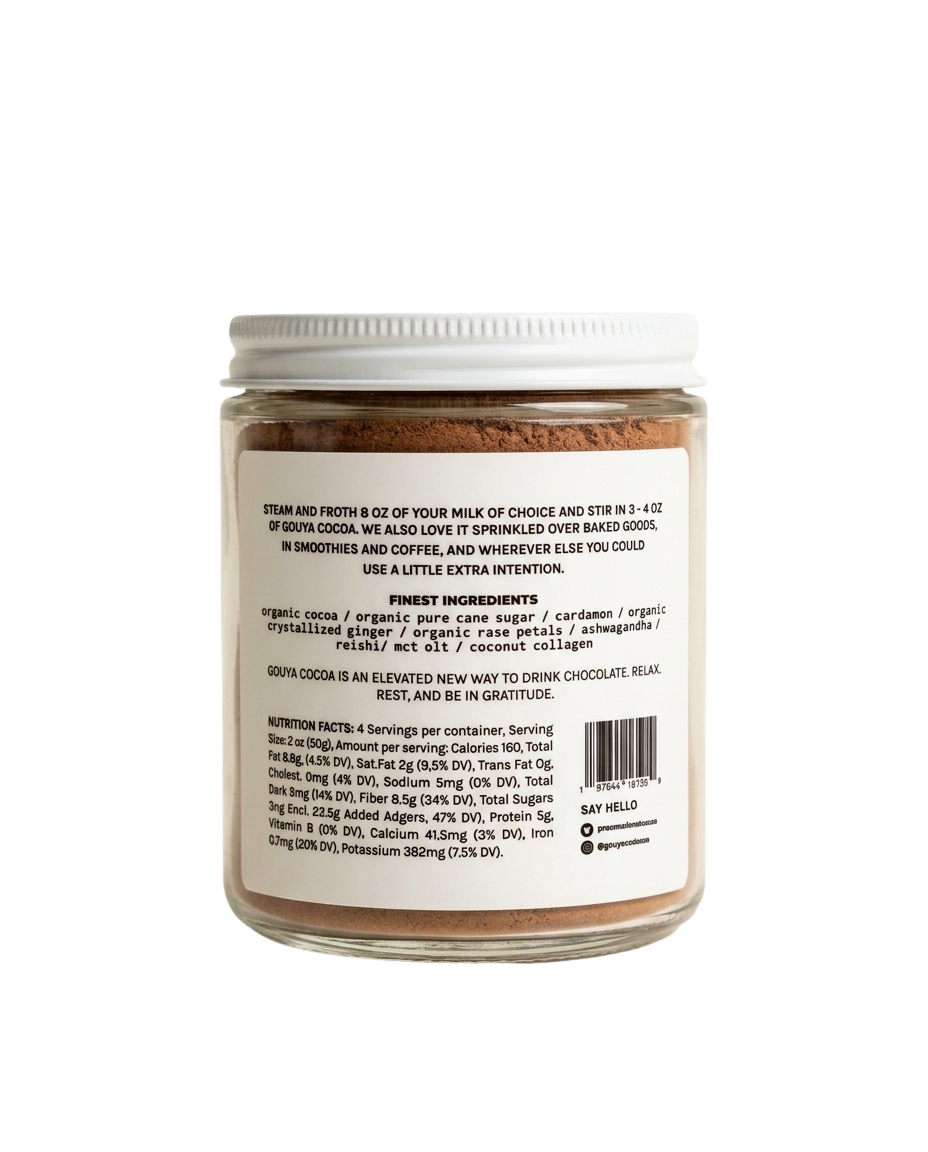 Back of the Gouya cocoa jar showing preparation, ingredients and nutrition facts