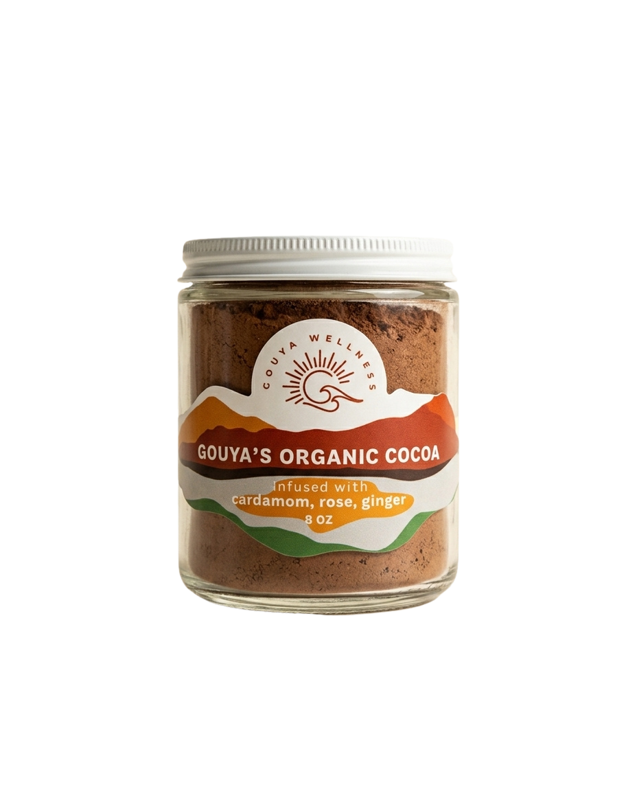 Jar of Gouya's Organic Cocoa with cardamom, rose and ginger, front label