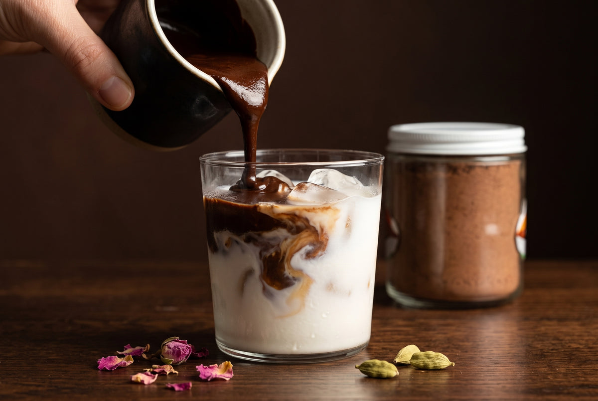 Cocoa paste pouring over iced milk