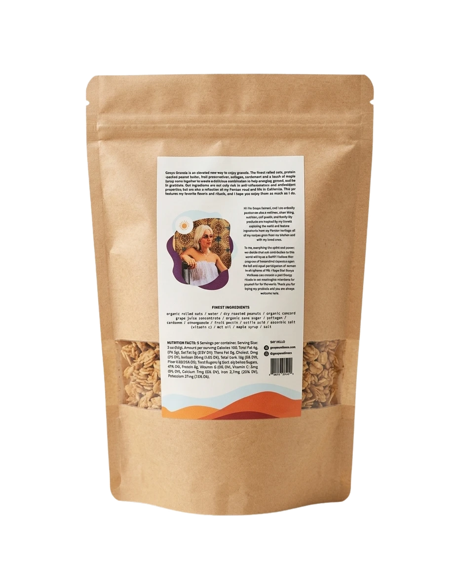 Back of the Gouya granola bag showing the founder's note, ingredients and nutrition facts