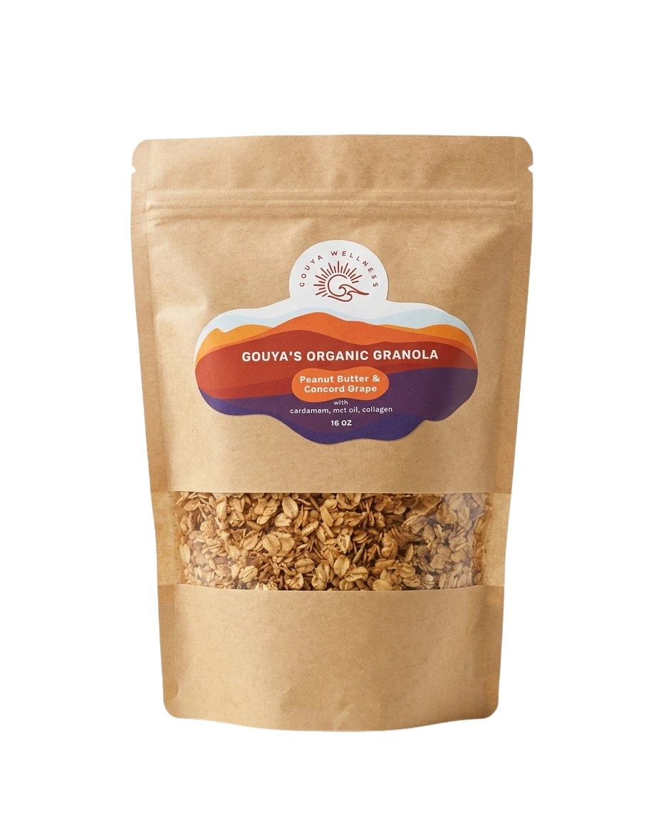 Bag of Gouya's Organic Granola, Peanut Butter and Concord Grape, front label