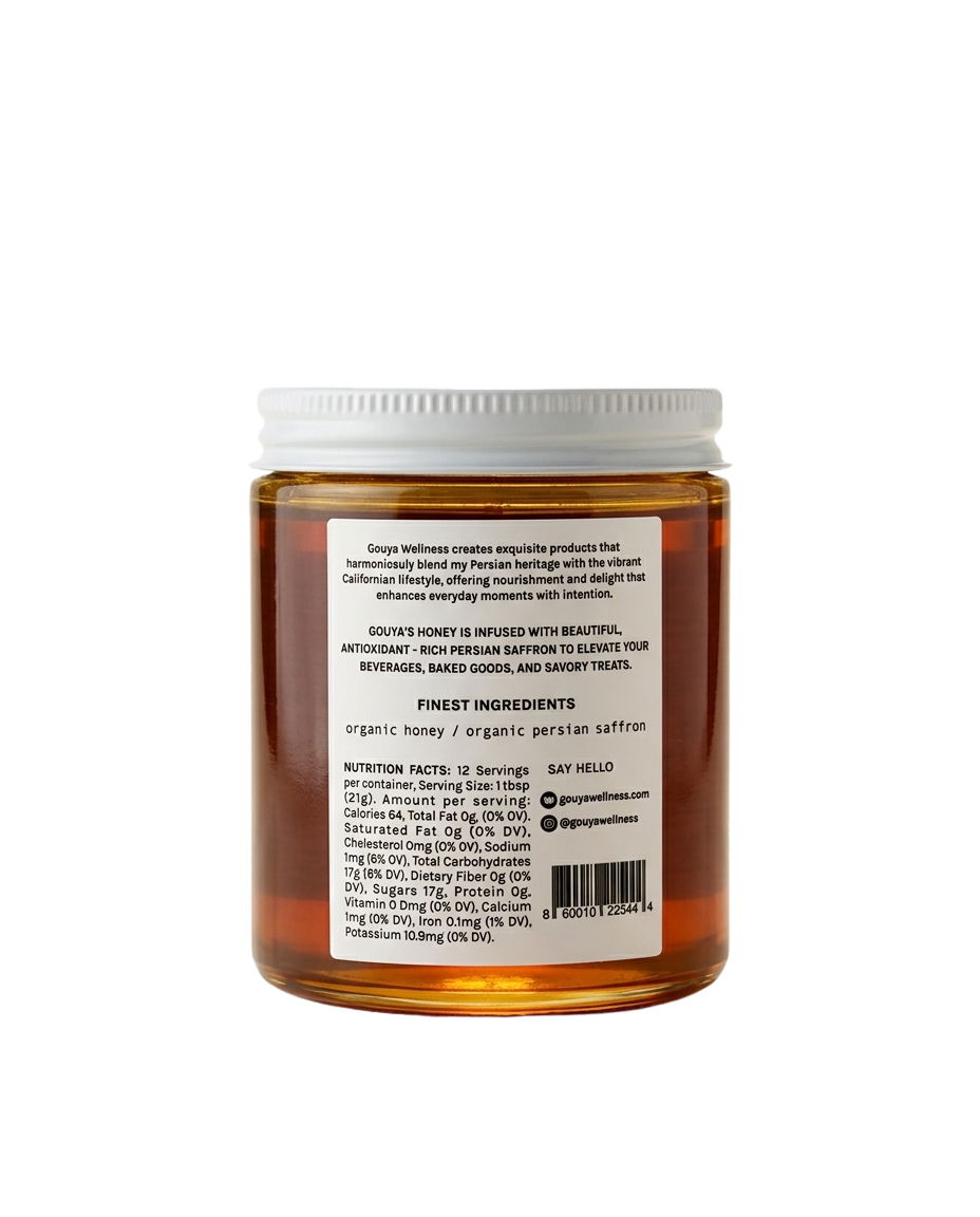 Back of the Gouya saffron honey jar showing ingredients and nutrition facts