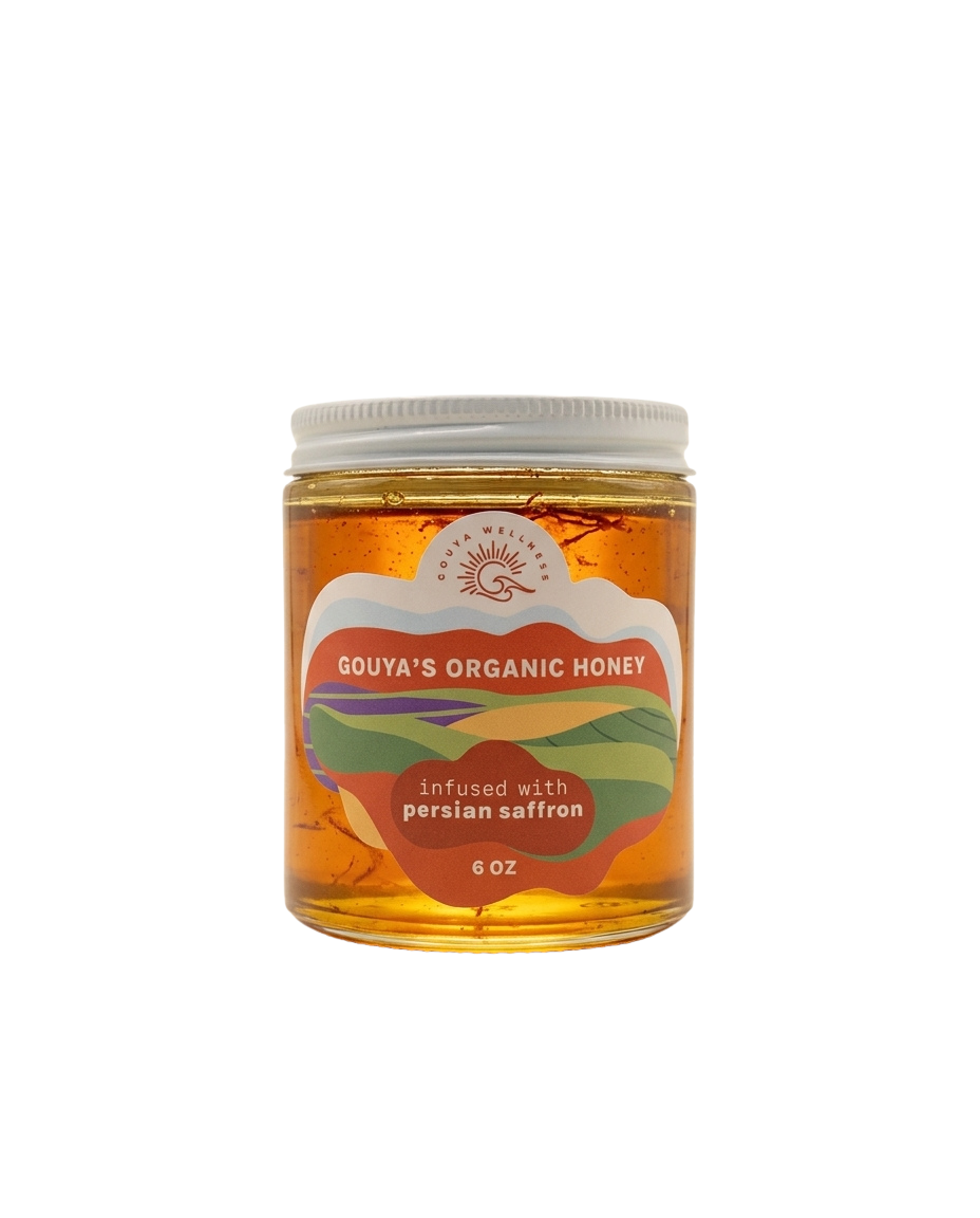 Jar of Gouya's Organic Honey infused with Persian saffron, front label